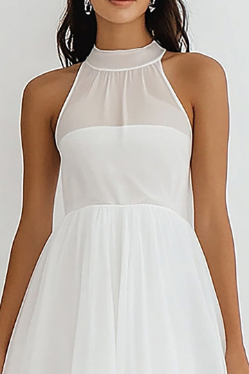 White Chiffon A Line High Neck Midi Graduation Dress